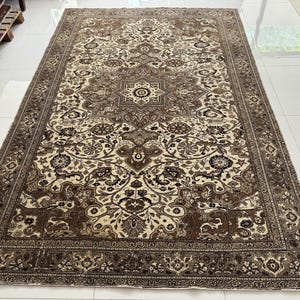 6x9 Vintage Turkish Rug: Hand-Knotted Wool Oriental Large Area Rug in Warm Brown, Beige