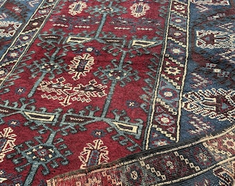 Burgundy And Navy 5x6 Vintage Turkish Wool Oushak Rug With Tribal Motifs