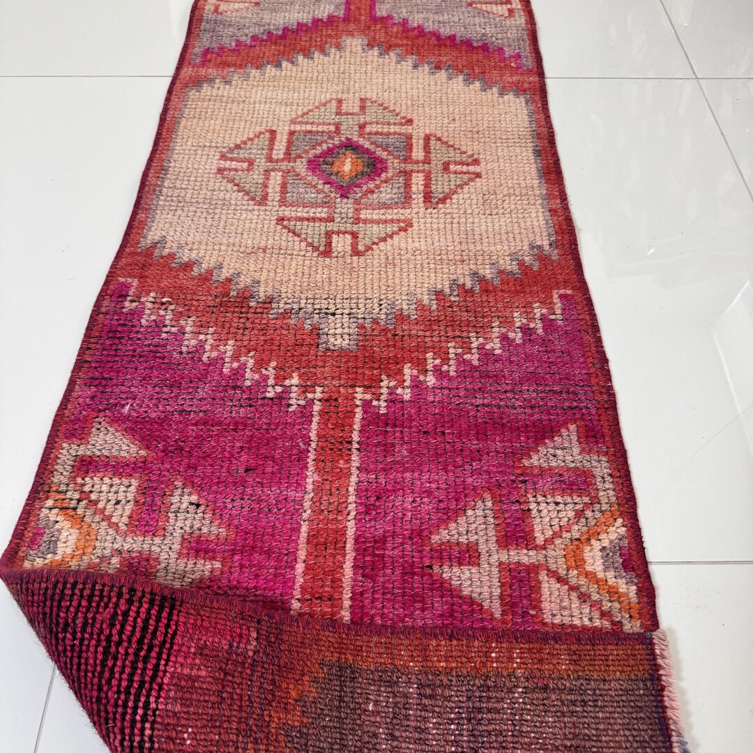 Pink Orange Red Turkish Runner Rug 1.5x11.1, Vintage Wool Long Corridor ...