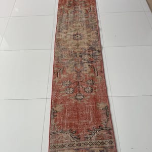 Vintage 2x8 Turkish Runner Rug, Red Beige Blue Handmade Carpet, Faded Floral Oushak Wool Rug for Hall or Kitchen
