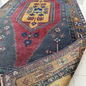4x8 Vintage Turkish  Rug – Handmade Wool Oriental Carpet, Red, Blue Gold Oushak Area Rug for Living Room, Entryway, or Bedroom Foyer Rug