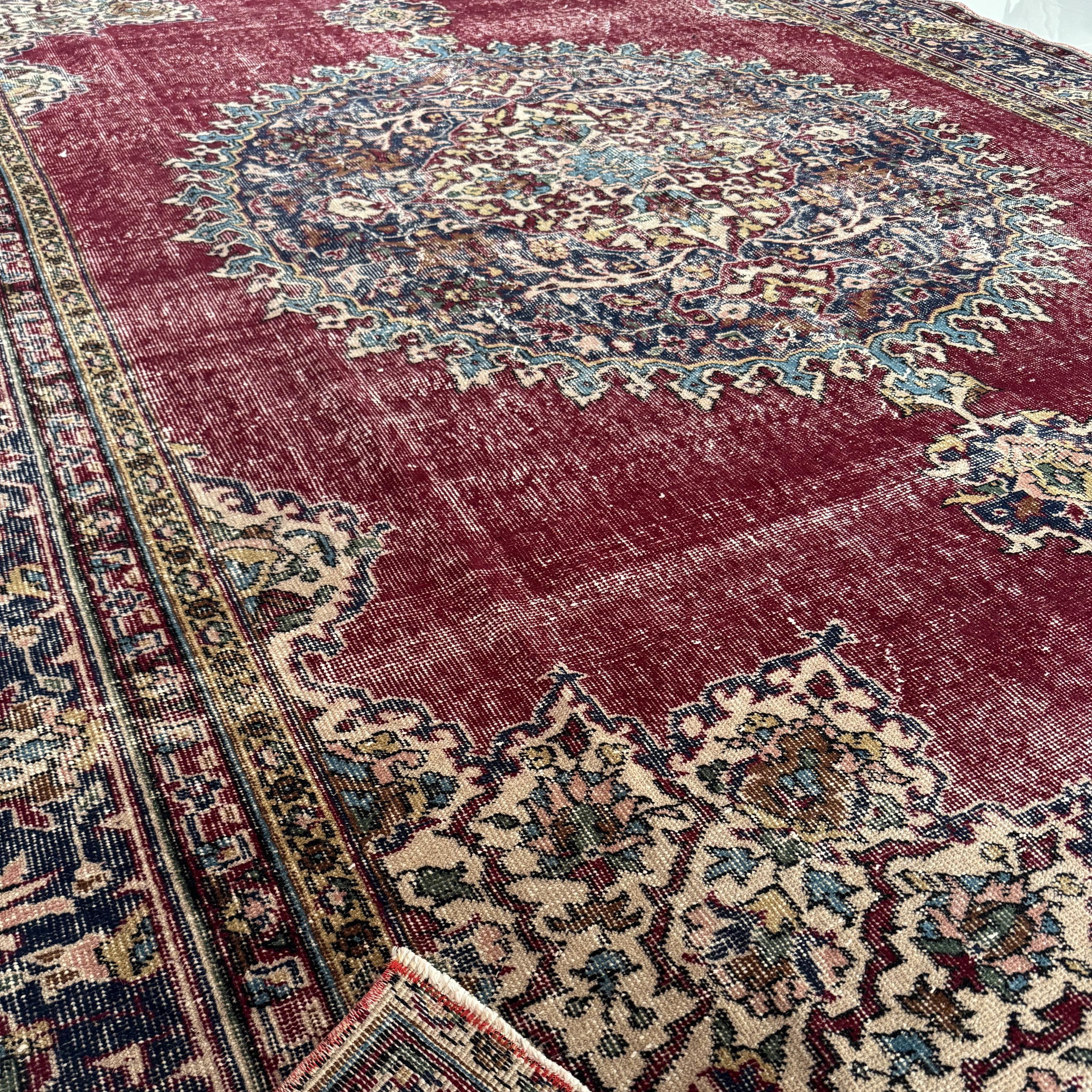 7x11 Vintage Oriental Turkish Wine Red Wool Rug, Navy Medallion