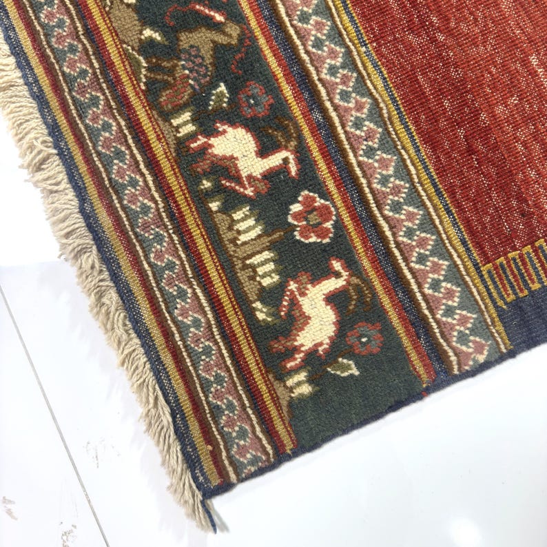 Wool Vintage Oriental Pictorial Rug 3x5, Deer and Birds Scene in Red ...