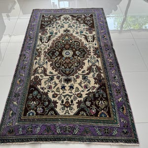 4x7 Vintage Turkish Rug, 4x7 Floral Oriental Rug, Beige Brown Green Purple Area Rug, Hand Knotted Soft Wool Rug, Living Room Bedroom Carpet