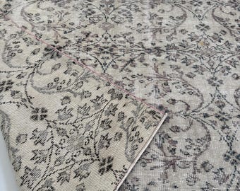 5x8 Neutral Cream Turkish Vintage Rug with Faded Gray Floral and Taupe Details