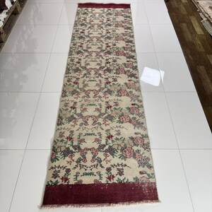 3x9 Vintage Hallway Runner, Floral Turkish Rug, Pink Beige Green Oriental Rug, Handmade Carpet, 9 foot Long Kitchen Entryway Bathroom Rug