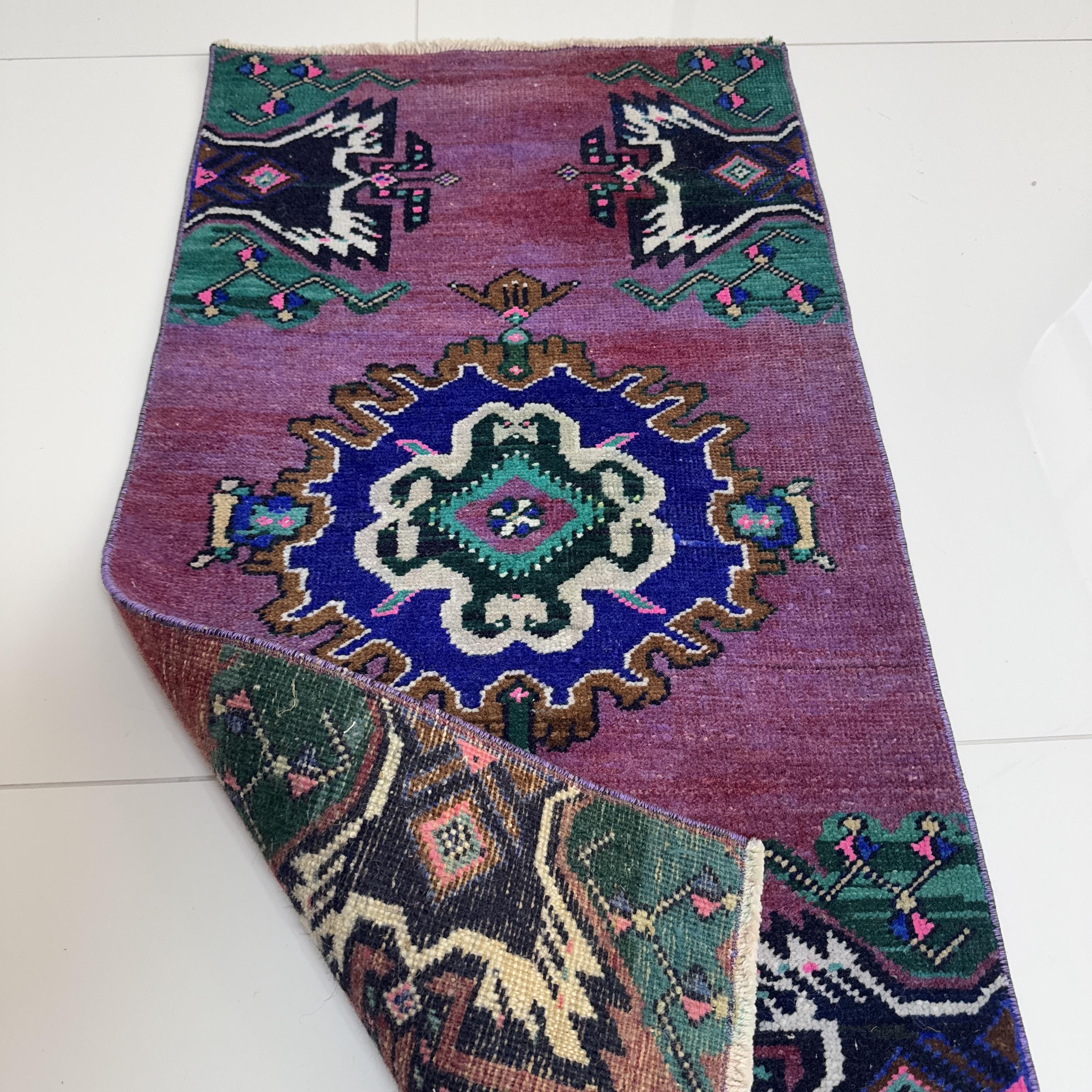 1x3 Plum Blue Green Rug, Small Handmade Turkish Wool Vintage