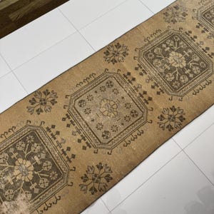 3x12 Vintage Runner Rug, 3x12 Oriental Runner, Brown Blue Turkish Rug, 12 Foot Long Runner, Handmade Wool Rug, Hallway Entryway Kitchen Rug
