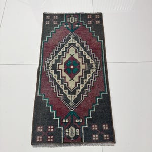 1x3 ft Vintage Rug, 1x3 Small Turkish Rug, Oriental Oushak Rug, Handmade Wool Rug, Blue Red Beige Rug, Door mat Rug, Bathroom Kitchen Carpet