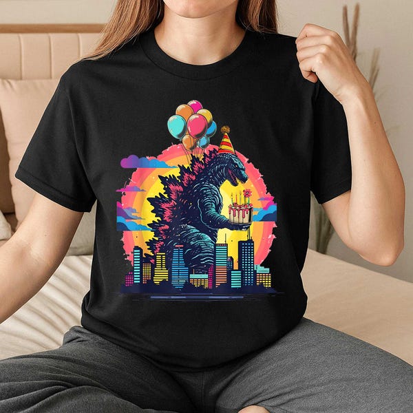 レトロゴジラの誕生日大人用子供用シャツ、怪獣モンスターTシャツ、日本のアートグラフィックシャツ、面白いパーティー、ユニークなギフトアイデア、記念日シャツ