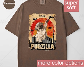 Maglietta retrò giapponese Pugzilla Comfort Colors®, maglietta con poster di film giapponese retrò, maglietta divertente con carlino, regalo per amanti dei cani per uomini e donne, mamma di carlino