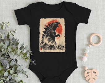 Retro Vintage Japanese Godzilla Great Wave Baby's Onesie, Godzilla and the Wave Baby's Onesie, King of the Monsters Baby's Onesie