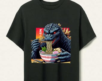 Camiseta vintage con monstruo gigante de Godzilla comiendo ramen, divertida camiseta con ramen de Godzilla, divertida camiseta con dinosaurio comiendo ramen, camiseta de comida japonesa