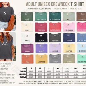 May include: An image showcasing a variety of adult unisex crewneck t-shirts in various colors, including moss, light green, and black. The image also includes a size chart with measurements in inches and a model wearing a pepper-colored shirt.