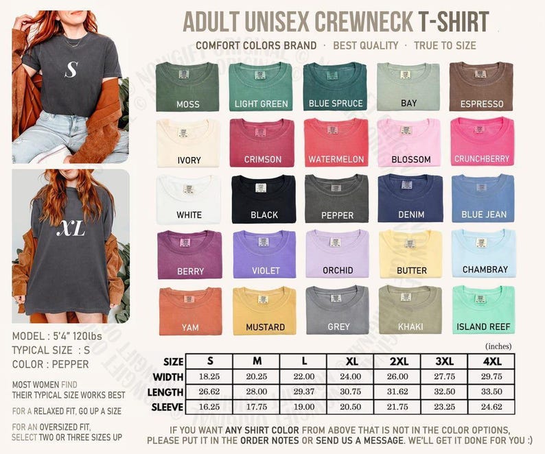 May include: An image showcasing a variety of adult unisex crewneck t-shirts in various colors, including moss, light green, and black. The image also includes a size chart with measurements in inches and a model wearing a pepper-colored shirt.
