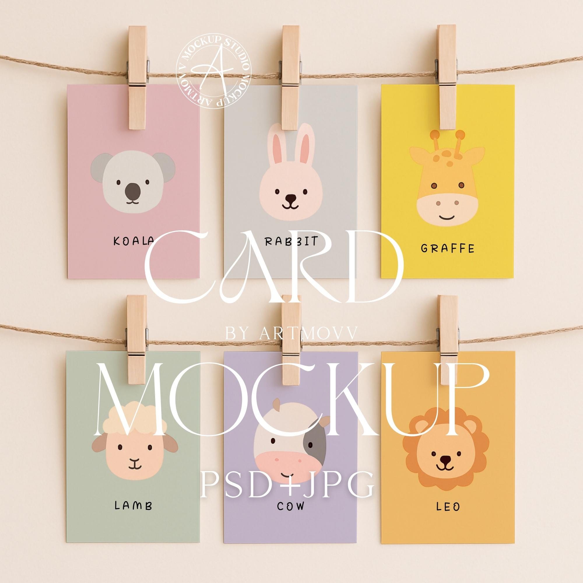 Minimalist Card Mockup, Hanging Card Mockup on String, Blank 2:3 Ratio Vertical Paper Mockup with Wooden Clips, Neutral Wall Art Display