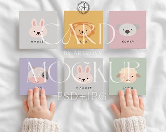 Square Baby Card Mockup with Baby Hands, Kids Learning Flash Card PSD, Soft Neutral Nursery Scene, Baby Flashcard Mockup  Smart Object + JPG
