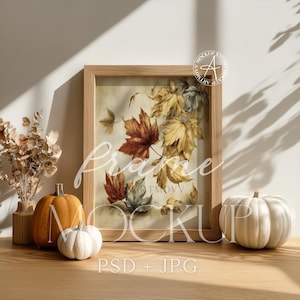 Autumn Pumpkin 3:4 Ratio Frame Mockup | Cozy Fall Wall Art Scene with Natural Shadows | Minimal Neutral Halloween PSD + JPG Download