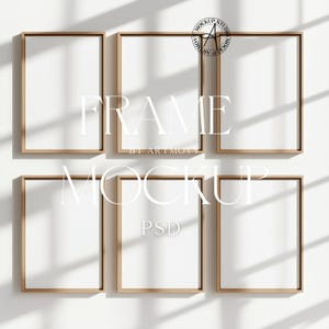 Mockup met 6 lijsten Set van 6 lijstenmodel galerijmodel galerijmuurmodel Mockup kunst aan de muur Zes lijstenmodel sjabloon voor dunne houten lijst DIN A PSD + JPG