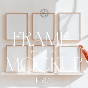 6 Frame Mockup With Person, 11x14 Ratio Gallery Wall Art Set of 6 for Bundle, Minimal Six Multiple, White Shelf, PSD Poster, Photoshop