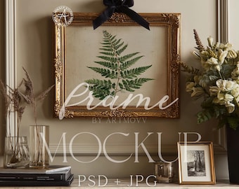 Vintage Gold Frame Mockup, Black Bow Mantel Decor (PSD & JPG)