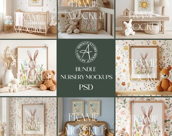 May include: A set of nine nursery room mockups featuring various frames with artwork and stuffed animals. The frames are in different sizes and styles, and the artwork includes a sun, a bunny, and a floral design. The stuffed animals are a bear, a bunny, and a fox. The mockups are set in different nursery rooms with various backgrounds and furniture.