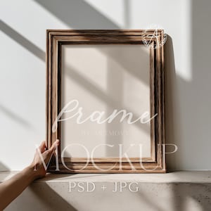 11x14 Vertical Frame Mockup, Hand Holding Rustic Wooden Frame PSD + JPG, Minimalist Sunlight Wall Art Poster Mockup for Artists