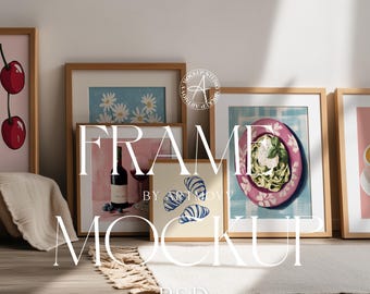 Gallery Wall Mockup: 6 Thin Wood Frames, Smart Object PSD
