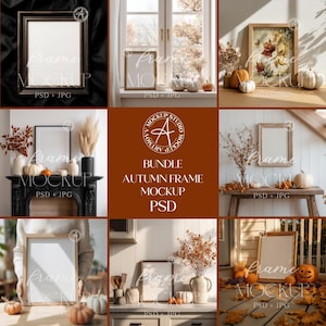 Op de afbeelding: Een verzameling herfst-thema frame mockups. De afbeeldingen tonen verschillende frames, pompoenen en herfstbladeren. De tekst "BUNDLE AUTUMN FRAME MOCKUP PSD" is zichtbaar.