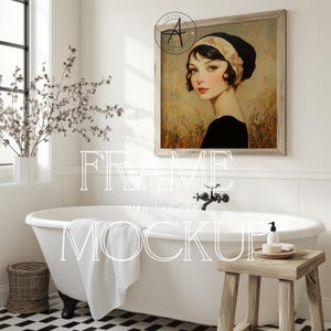 Frame Mockup Bathroom - Square Ratio - Vintage  Wood Frame - PSD Photoshop Photopea Mockup - Frame In Bathroom - Cottagecore Interior Mockup
