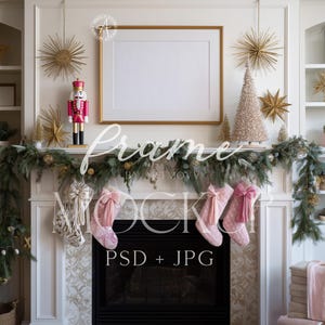 May include: A festive fireplace mantel decorated for Christmas. The mantel features a gold-framed picture, stockings, a nutcracker, and a garland. The text "Frame by Artmovv" and "Mockup PSD + JPG" are visible.