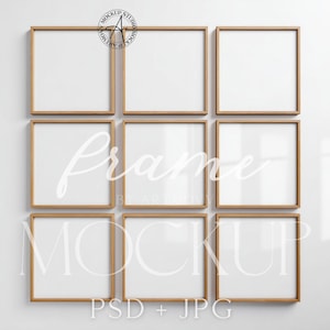 9 Square Frame Mockup: Minimalist Wall Gallery (PSD, JPG, PDF Guide
