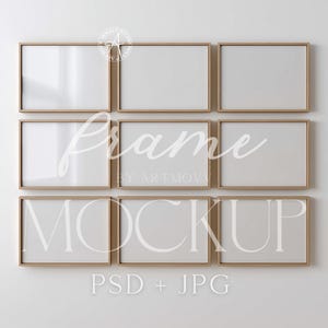Gallery Wall Frame Mockup Set of 9, Minimalist Wooden Horizontal Frames, PSD & JPG Wall Art Display Template 4:3 Ratio