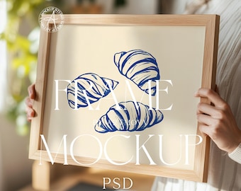 Wood Frame Mockup: Horizontal Art Print Display (PSD)