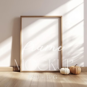 Autumn Pumpkin Frame Mockup | Neutral Fall Wall Art Scene with Sunlight Shadows | Minimalist Halloween 3:4 Ratio Mockup | PSD JPG Download