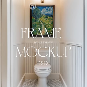 White Bathroom, Toilet, PSD Template, Vertical Black Frame, Elegant Frame Mockup Bathroom with Vertical Paneling + JPG
