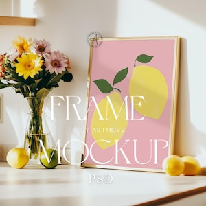 Pionowa ramka makiety kuchennej, DIN A Ratio, Cienka złota rama, PSD Photoshop makieta, Wewnętrzna rama makieta, Bar Cart makieta dla ISO Art Print