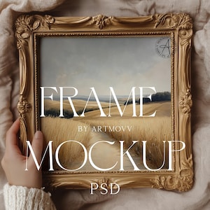 Vintage Frame Mockup Square, Gold Frame Mockup For Wall Art, Square Frame Mockup Template, Artwork Wall Mockup, With Person Frame Mockup PSD