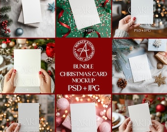 May include: A bundle of Christmas card mockups featuring blank cards in various settings. The images showcase cards with festive decorations like ornaments, ribbons, and Christmas trees. The mockups are designed for PSD and JPG formats.