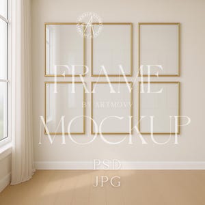 May include: Six gold-framed rectangular mockups are displayed on a cream wall. The frames are empty, with the text "FRAME MOCKUP" and "PSD JPG" overlaid. A window with white curtains is visible on the left side.
