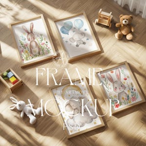 May include: Four framed illustrations of children's nursery art. The illustrations feature a bunny rabbit, an elephant with balloons, an elephant with a moon and stars, and a bunny rabbit with flowers. The frames are wooden and have a natural finish.