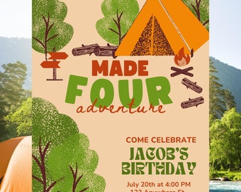 Fourth Birthday, Fourth Bday Party, 4th Bday Theme, Editable Template, Digital Invitation, Text Invitation, Made Four Adventure, Camping