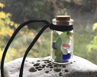 Sea Glass in a Bottle Large Pendant Necklace Some Rare Colours