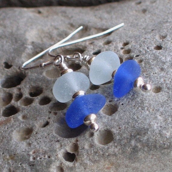 Natural Sea Glass Royal Blue Soft Seafoam Earrings 631