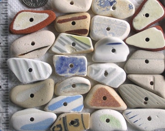 30 Sea Pottery Toggles Centre Drilled 2mm holes Natural Surf Tumbled Beach Pottery Threading and Crafting Supplies