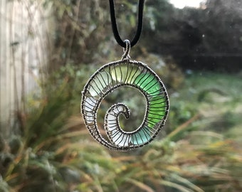 Silver Sea Glass Spiral Large Pendant Necklace Wire Wrapped Nautilus Suncatcher Gift