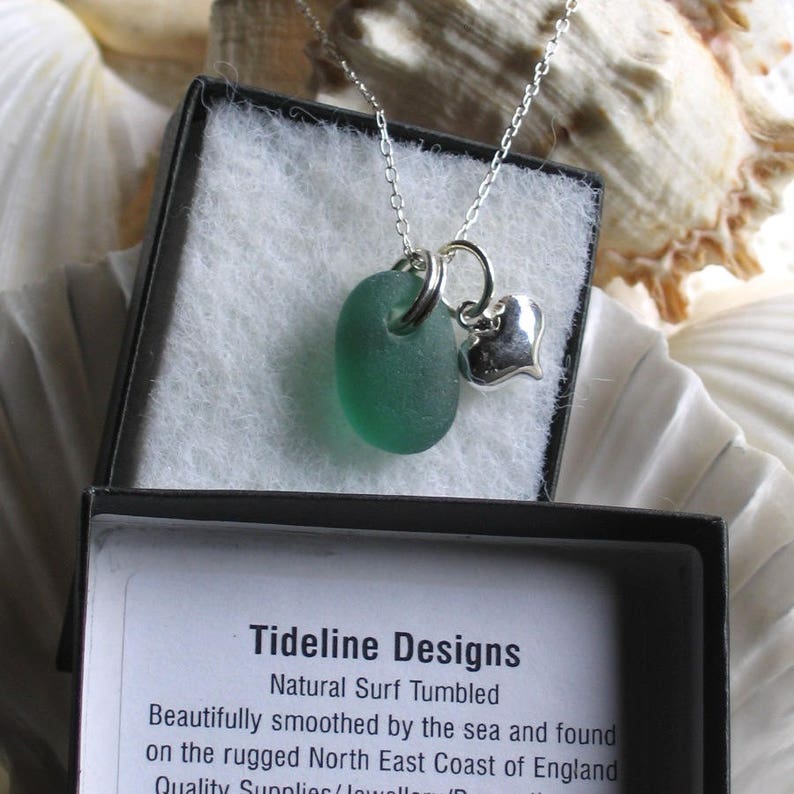 Rare Sea Green Sea Glass Sterling Silver Puffed Heart Pendant Necklace Valentine Gift Genuine Beach Glass Jewellery gift image 5