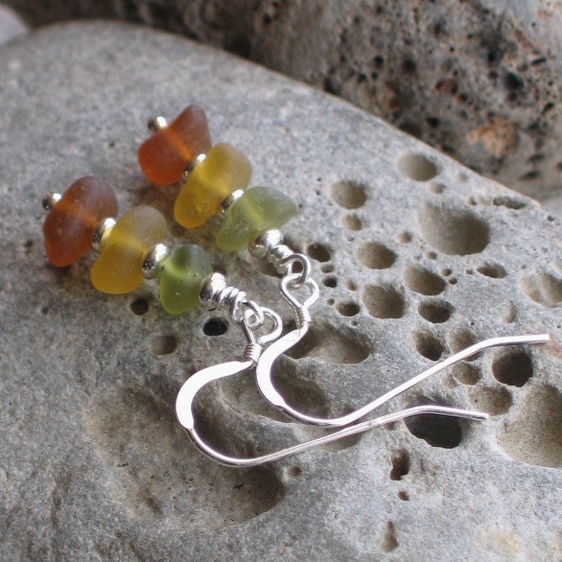 Natural Sea Glass Sterling Silver Earrings Autumn Colors image 3