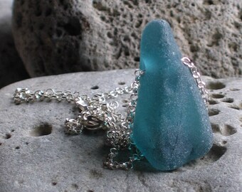 Rare Teal Chunky Sea Glass Sterling Silver Pendant Necklace