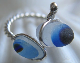 Natural Sea Glass Sterling Silver Ring Rare Multicolor Blue US 5 1/4